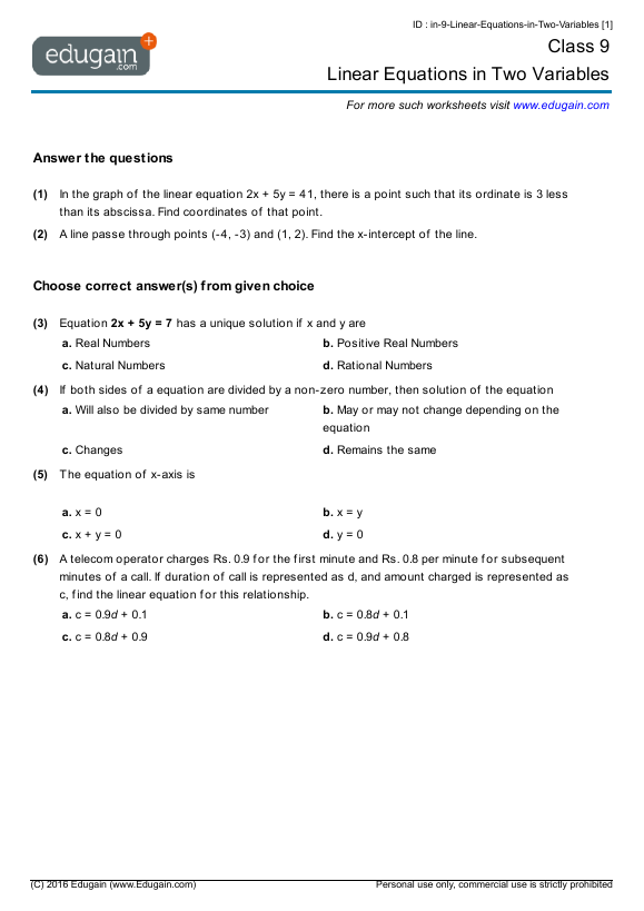 grade 9 linear equations in two variables math practice questions tests worksheets quizzes assignments edugain ireland